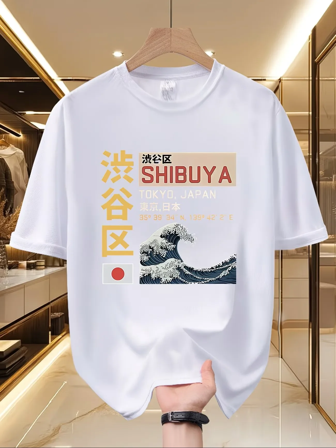 Men Shibuya Wave Graphic Crew Neck T-shirt Japanese Style 100% Polyester Fiber Soft and Comfortable Short Sleeve Summer Tee Top