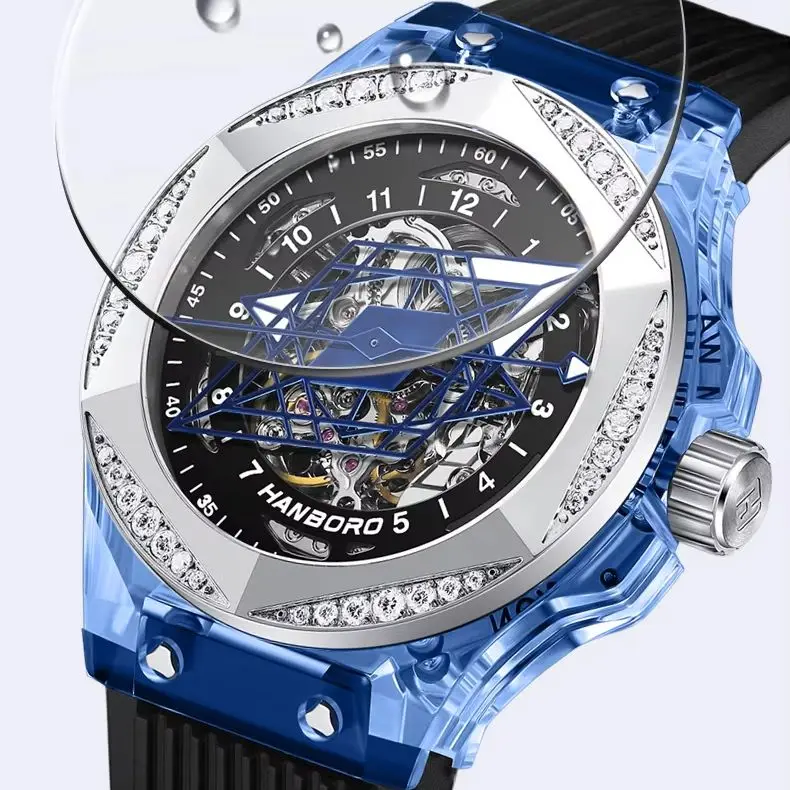 

HANBORO Мужские автоматические часы 42 мм с акриловым корпусом Механические наручные часы Водонепроницаемые светящиеся сапфировые скелетонизированные циферблаты
