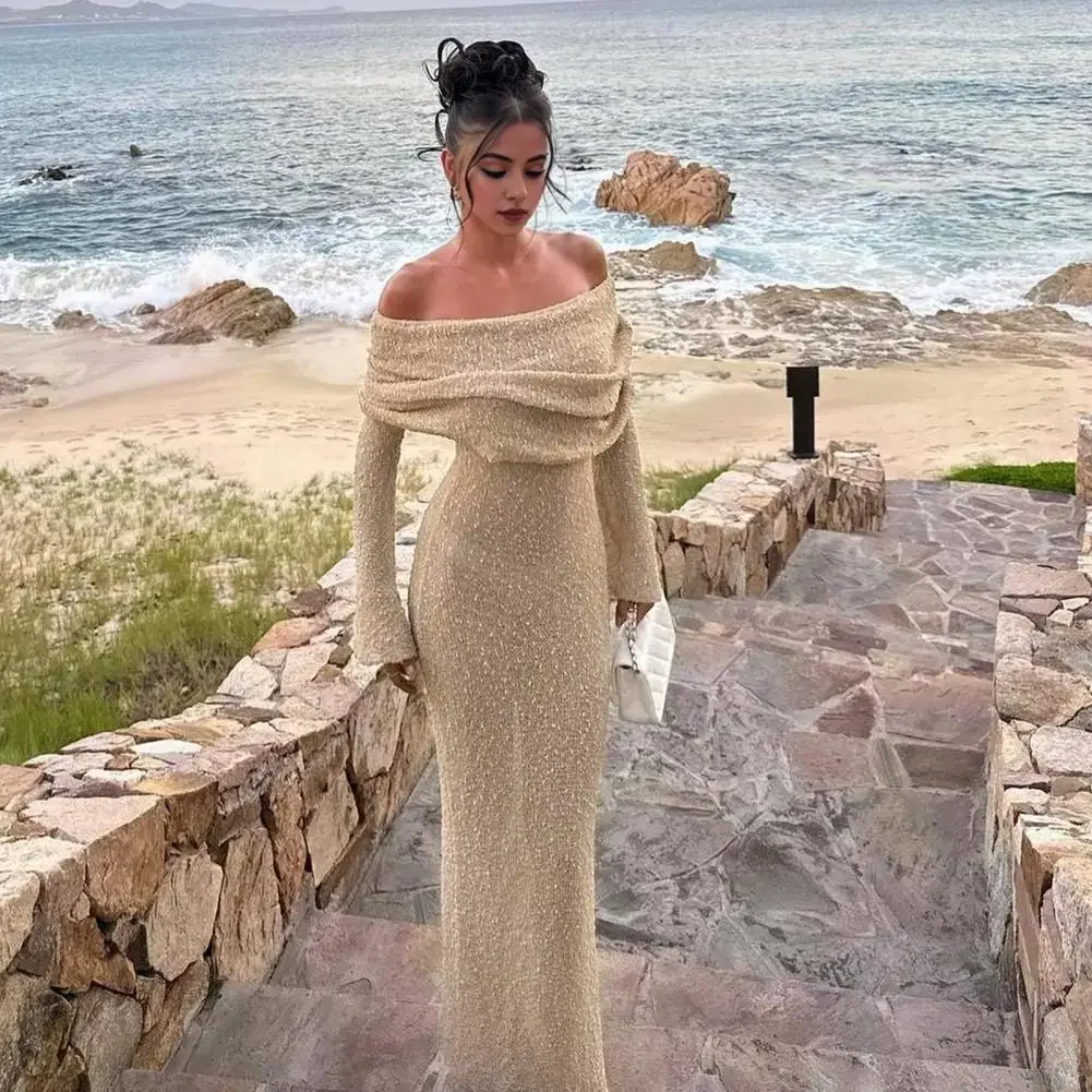 مثير قبالة الكتف سطر واحد طوق فستان الحفلات الخريف الشتاء المرأة فستان منسوج أنيق كم طويل شير جوفاء فستان طويل #3