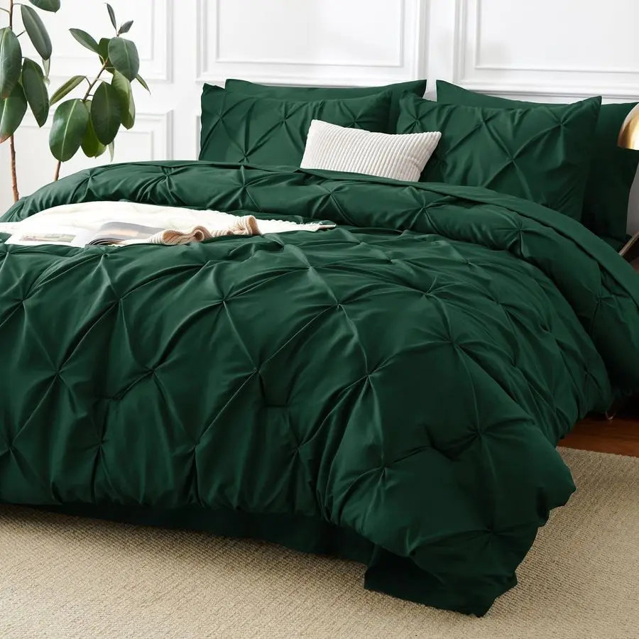 

Комплект постельного белья Queen Comforter Set Emerald Green, 7 предметов, с декоративными складками, премиум-класса, зеленый, размер Queen, наборы постельного белья с плиссировкой.
