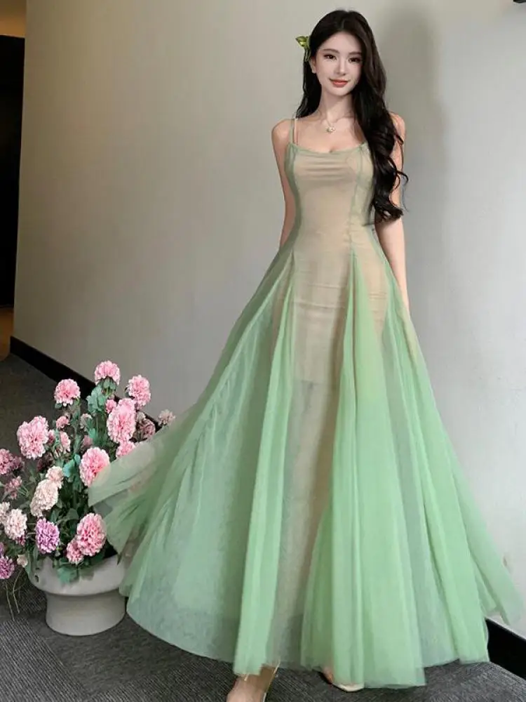 Summer Green Backless Party Mesh Long Dress Women 2024 French Fashion Sleeveless Round Neck Holiday Spaghetti Strap Sundress New