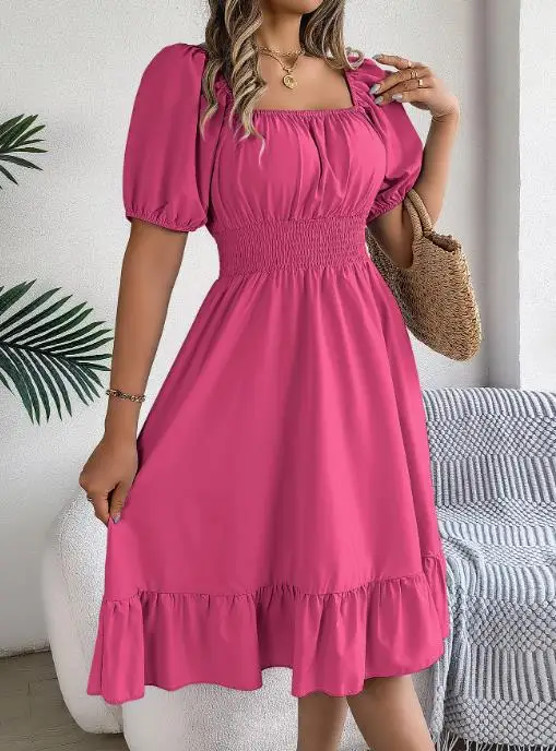

Women's Dress Summer New French Fashion Elegant Style Solid Color Simple Square Collar Drawstring Waist Bubble Sleeve Dress