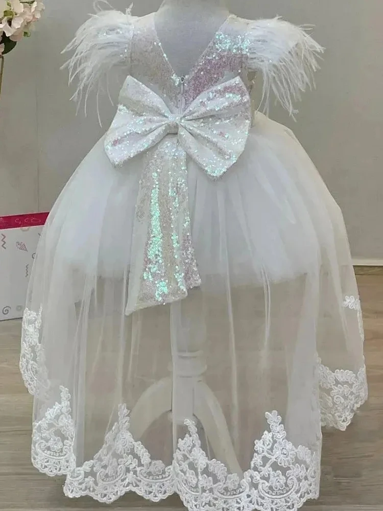 High-end Baby Girl Dress Birthday Party Wedding fluffy Long sleeve Girl Princess Sequins Evening Dresses Teen Kid Girls Clothes