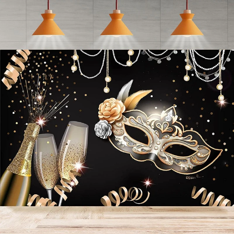 Masquerade Photography Backdrop Party Black And Gold Confetti Champagne Mask Prom Dance Background Wall Home Party Decor Banner