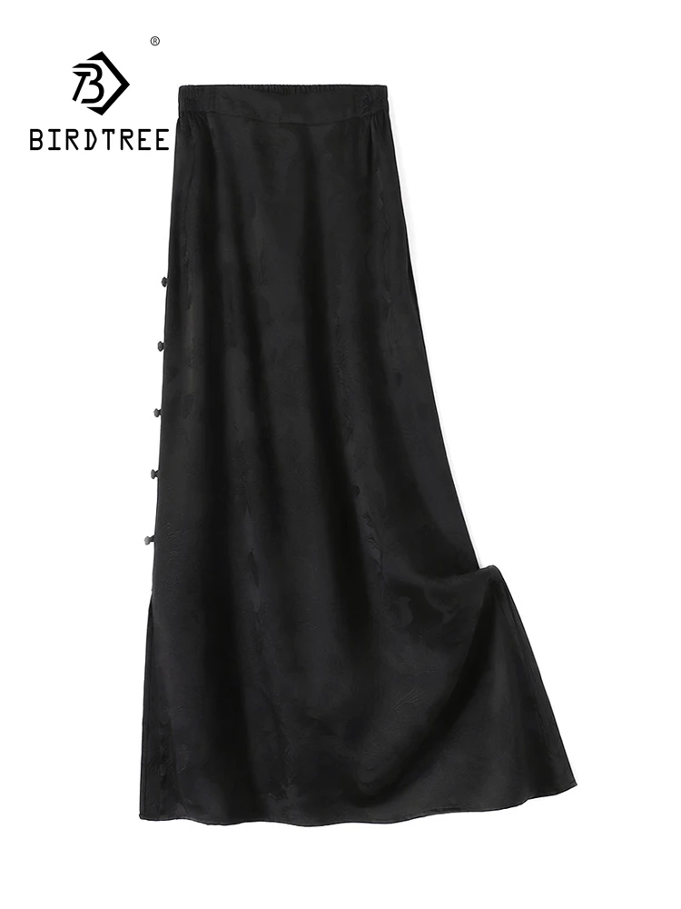 BirdTree-35MM Silk Watered Gauze Elegant Skirts, Elastic Waist Jacquard, Women Retro Casual A-line Skirt, 2026 Autumn B67460CC