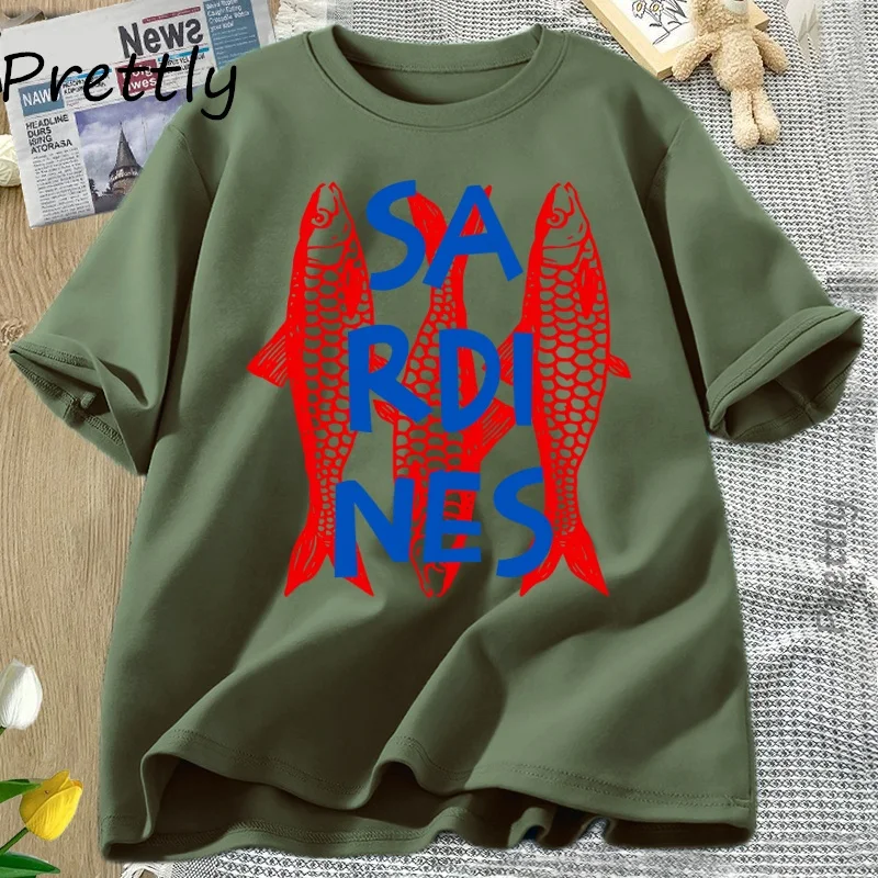 تي شيرت جرافيك من Sardines تي شيرت عصري على شكل سمكة كاجوال بأكمام قصيرة من القطن تي شيرت ملابس الشارع الشهير برقبة دائرية تي شيرت رائع #5