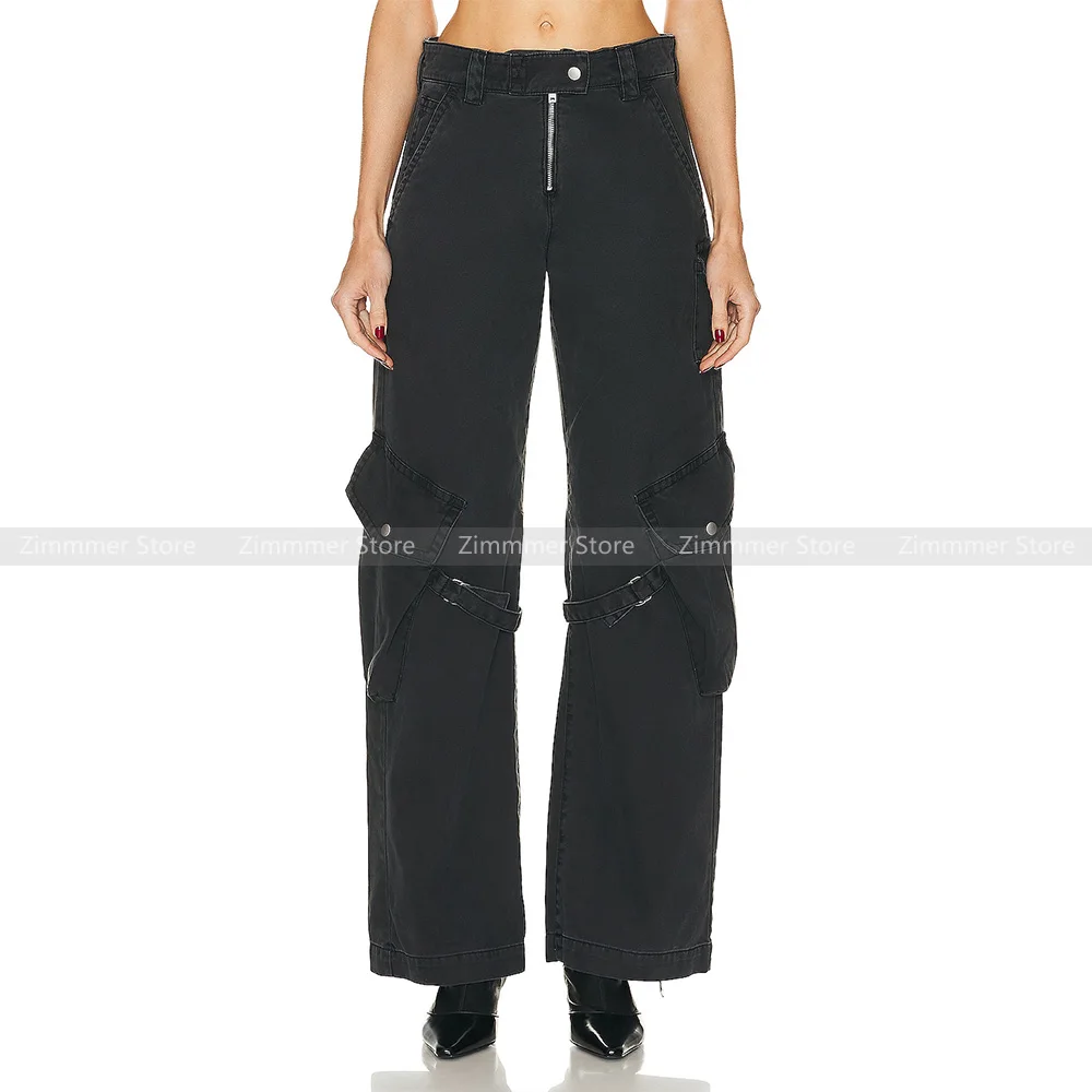 

Retro do old large pockets work style low waist zipper loose straight wide leg casual pants