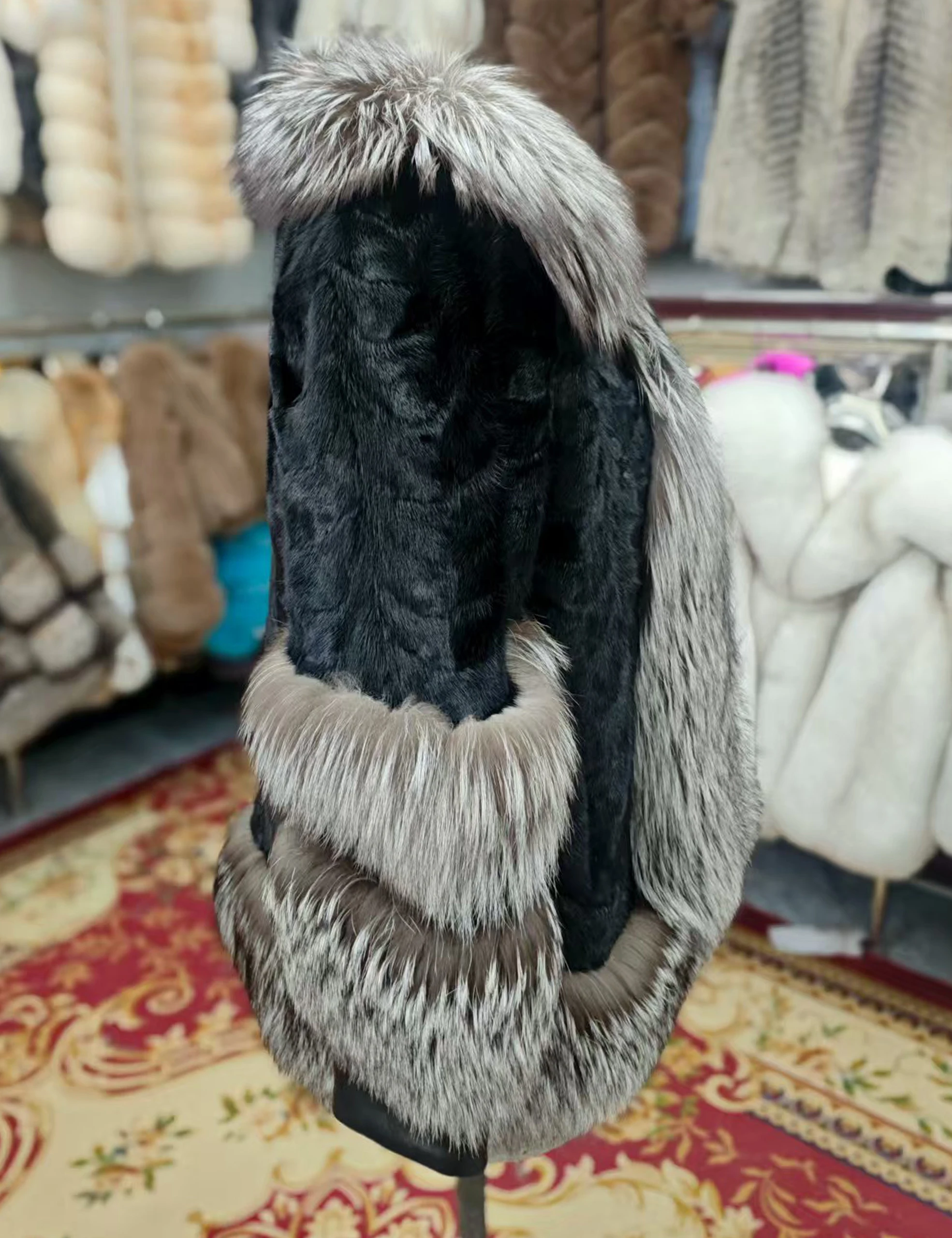 큰 여우 모피 칼라 밑단이있는 진짜 밍크 모피 코트 숙녀 겨울 자켓 럭셔리 streetwear