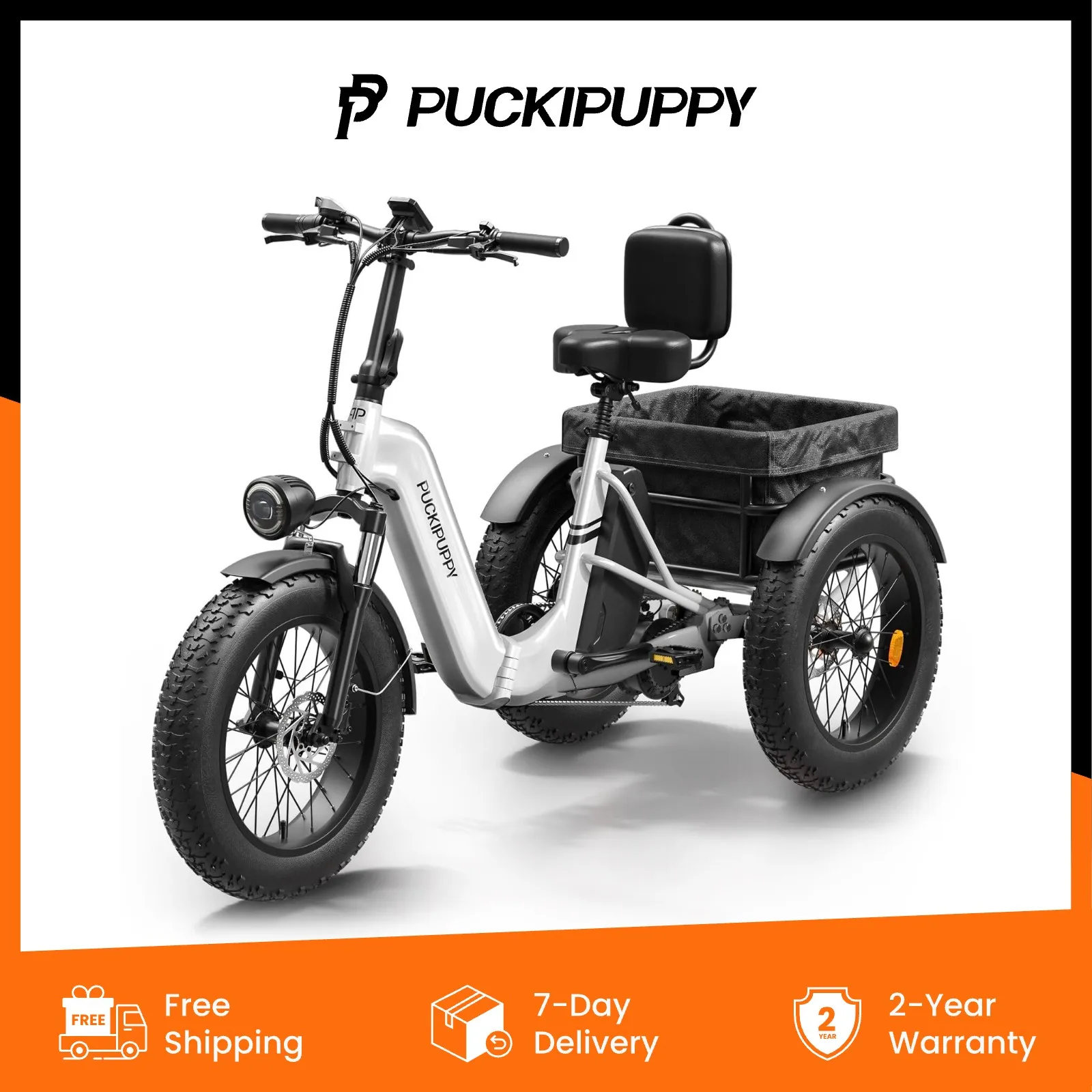 

PUCKIPUPPY Electric Tricycle for Adult 60 Miles Range 960W Peak Motor Pickup Class 500 LB Load Electric Tricycle 20" Fat Tire