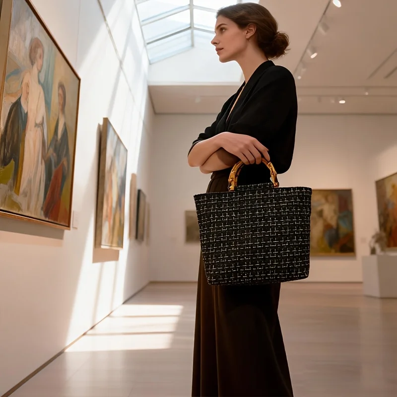 Light Luxury Tweed Tote Bag for Women — Black & Gold Plaid Shoulder Bag with Faux Bamboo-Knot Handles