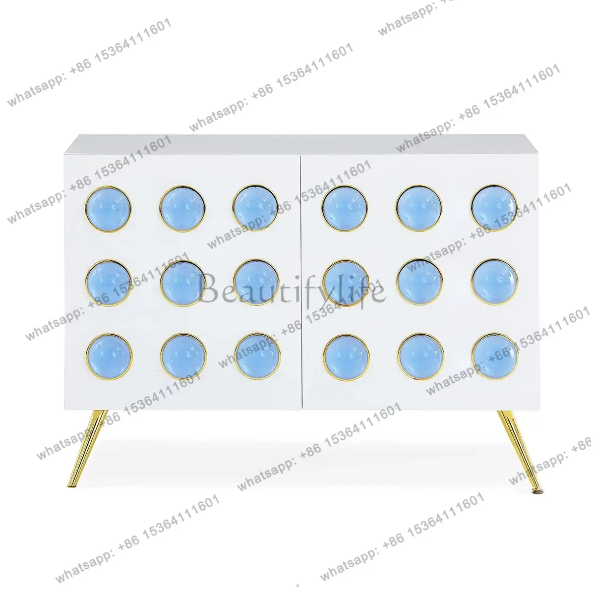 PG CABINET White High-gloss Lacquer With Blue Acrylic Round Ball Gold Metal Base Sideboard For Living Room  cc