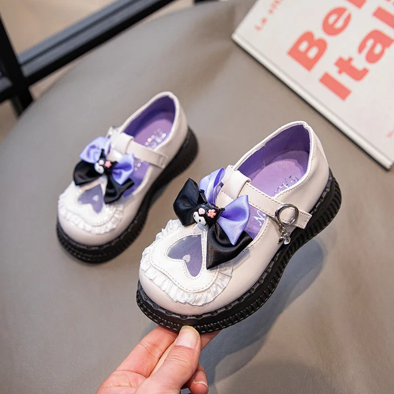 Girls Leather Shoes for Party Wedding Kids Cartoon Sanrio Kuromi Princess Shoes T-Strap Fashion Children School Flats Bowtie New