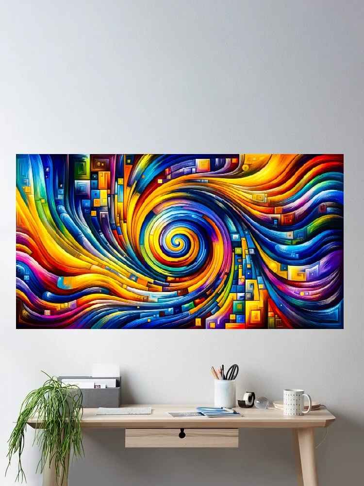 Psychedelic Pixel Vortex a Futuristic Abstract Landscape, Art Print Canvas Poster, Living Room Decor, Home Wall Picture