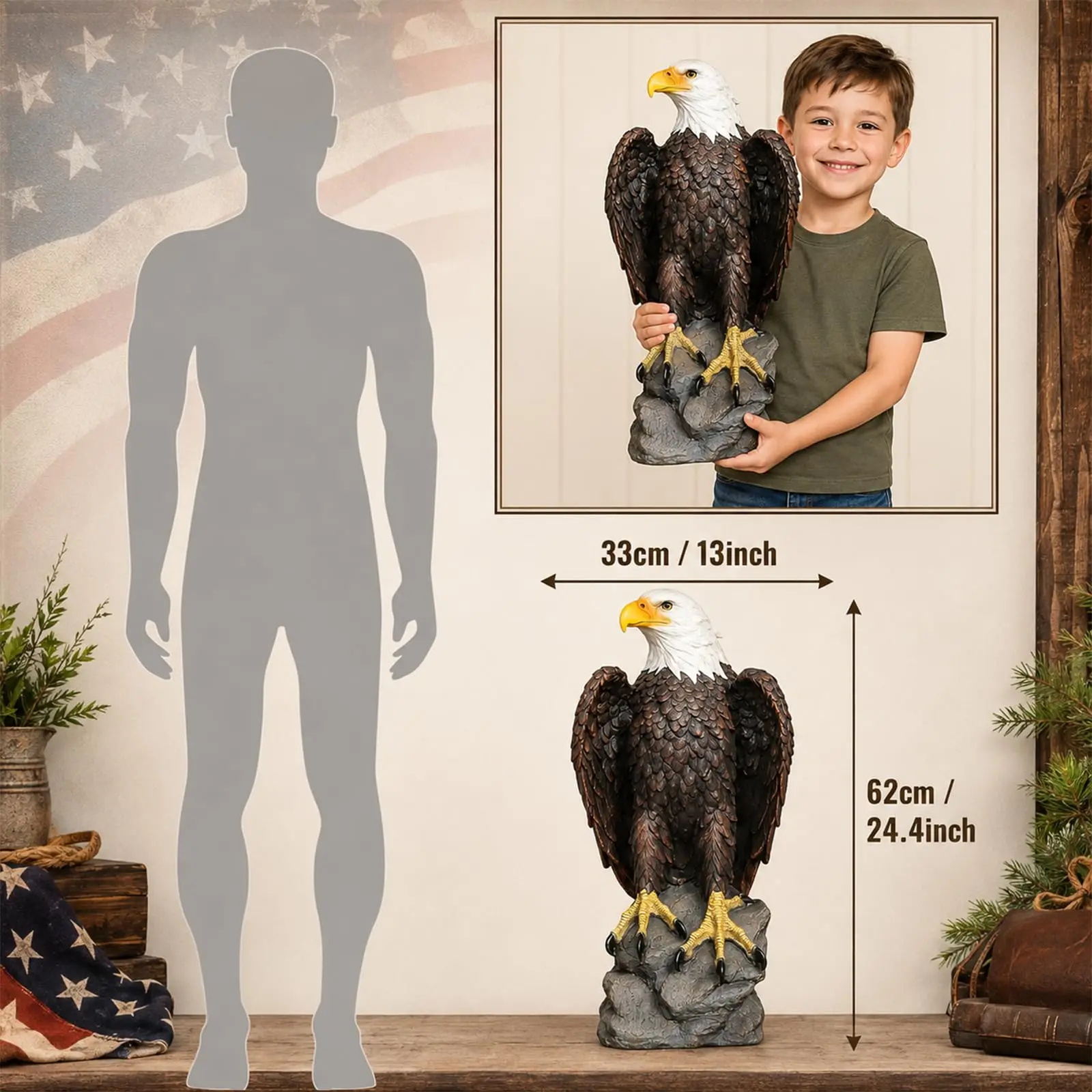 American Bald Eagle Statue Outdoor, 24'' Large Garden Decor Eagle Figurine