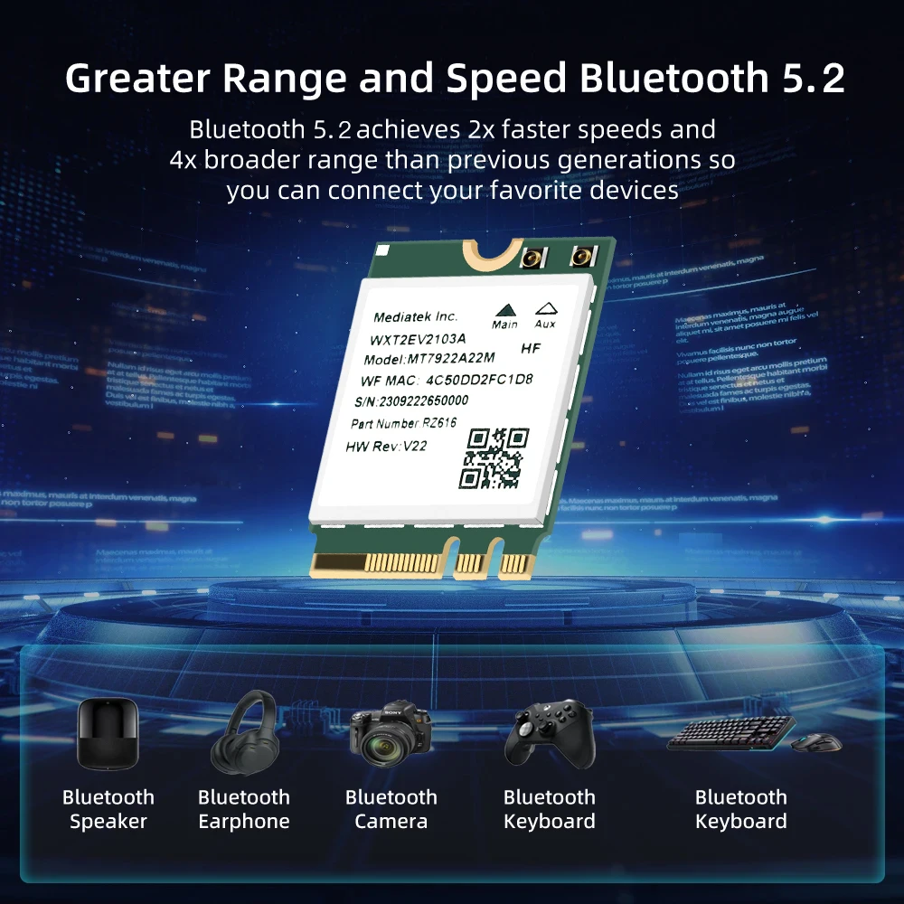 بطاقة شبكة لاسلكية مع مجموعة هوائي ، WiFi6E ، MT7922 ، بلوتوث 5.2 ، 2.4G ، 5G ، 6Ghz ، M.2 NGFF ، 5374M ، كمبيوتر شخصي ، كمبيوتر محمول ، Win10 ، 11