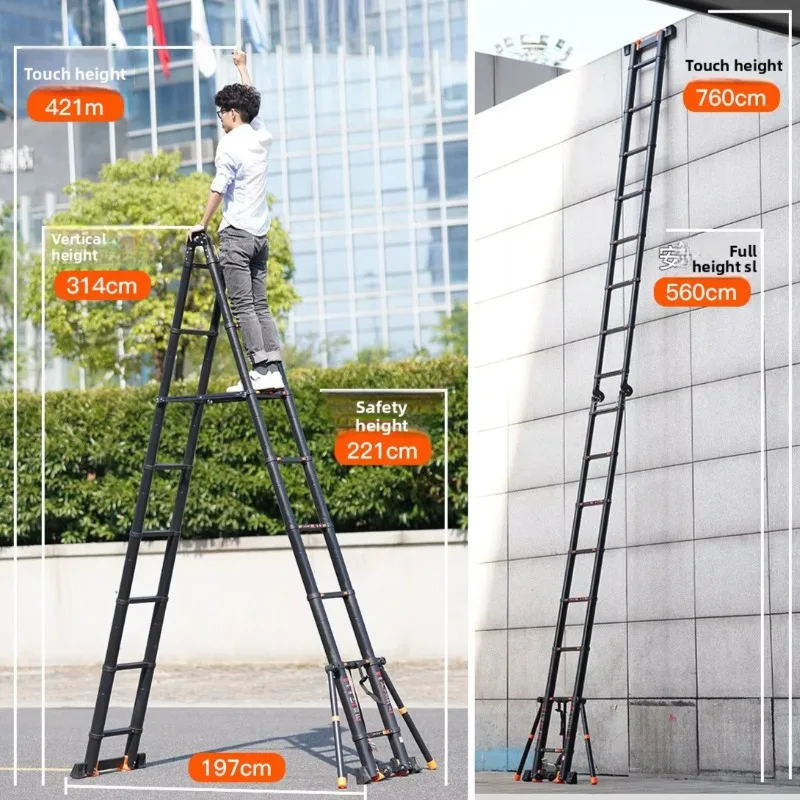 Aluminum alloy telescopic ladder with additional safety external support, portable folding ladder, telescopic straight ladder