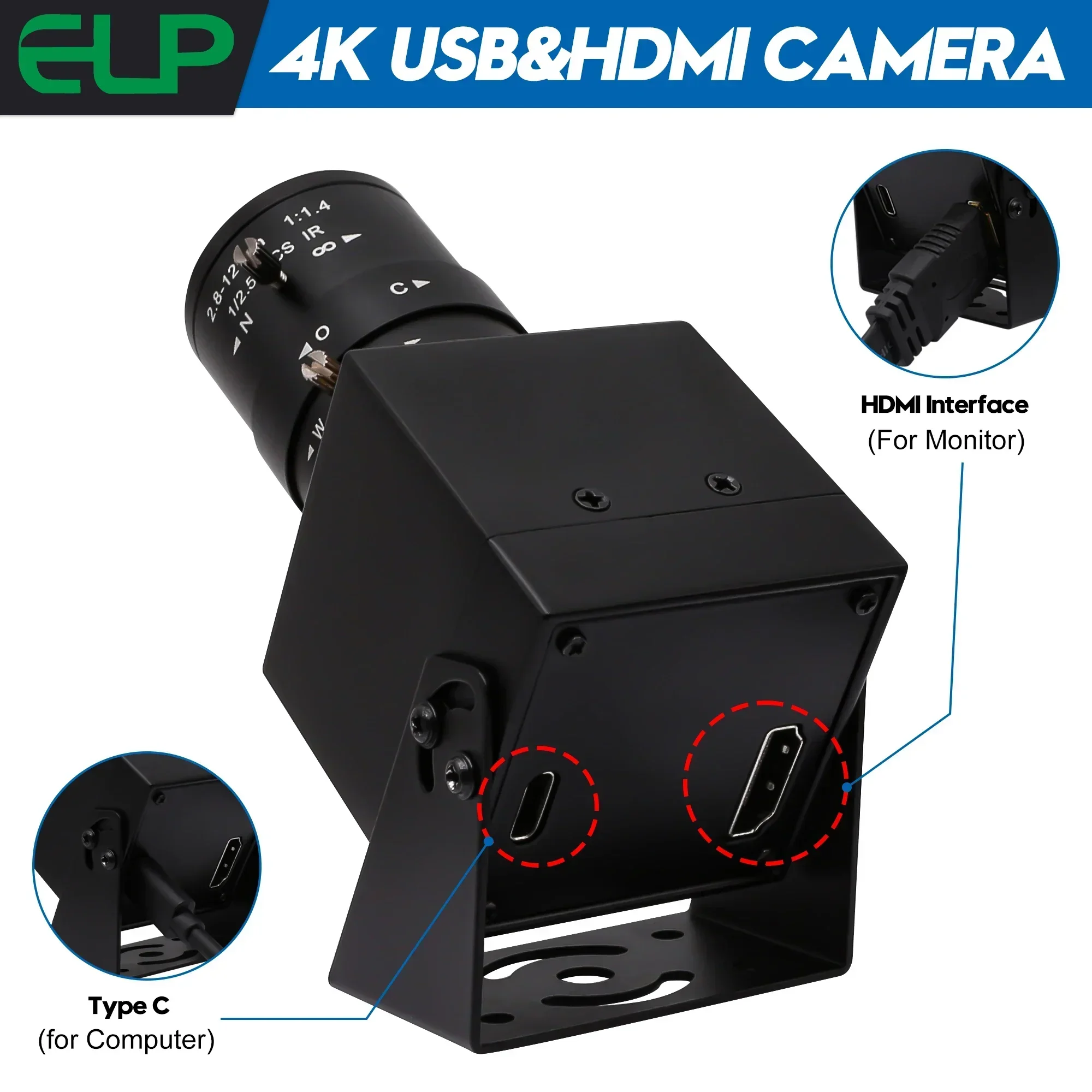 2025 Premium Products ELP 4K HD-MI USB Camera IMX415 3840*2160  H.264 H.265 Manual Zoom Industrial USB Security Camera For Wind