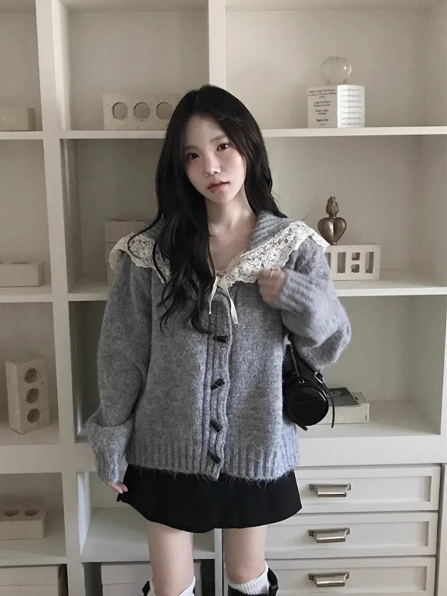 

Милый вязаный свитер с кружевной отделкой, темно-синий воротник, пальто, женский зимний новый кардиган на пуговицах, топ, свободный крой, длинный све