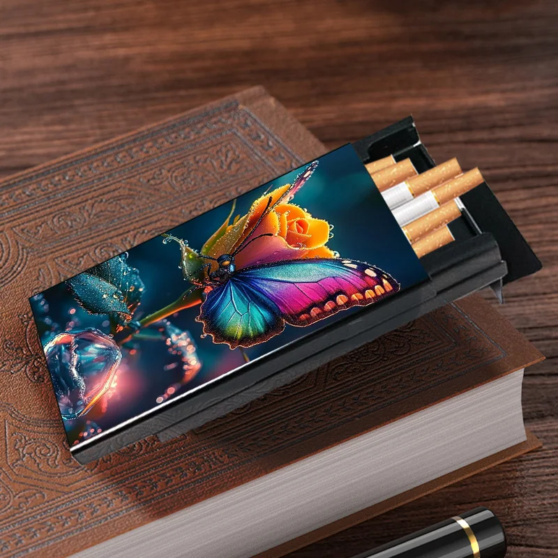 Metallic Cigarette Case with Butterfly & Rose Design, Ideal for Style - conscious Adults on the Go