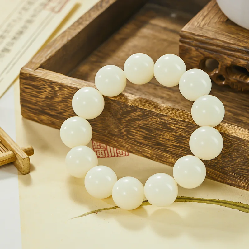 18.3mm (Sweet Rice Ball Size) Natural White Jade Bodhi Root Bracelet, High-Wave Bodhi Beads, Soft and Smooth for Men and Women