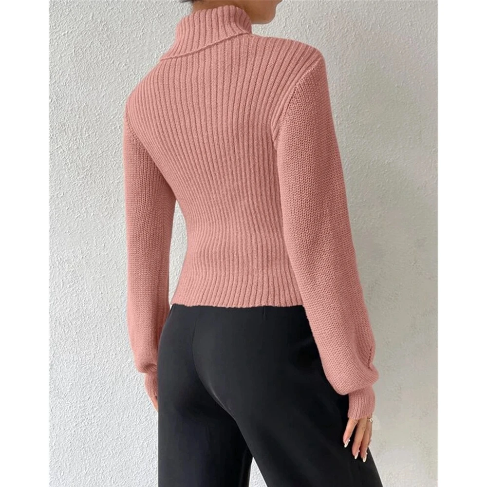 Women Cut Out Knitted Ribbed Lantern Sleeve High Neck Sweater Fashion Femme Casual Winter Lady Long Sleeve Top