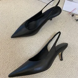 Imported Calf Leather Summer Shoes Pointed Toe Heels Black Sexy Heels Women Sandals