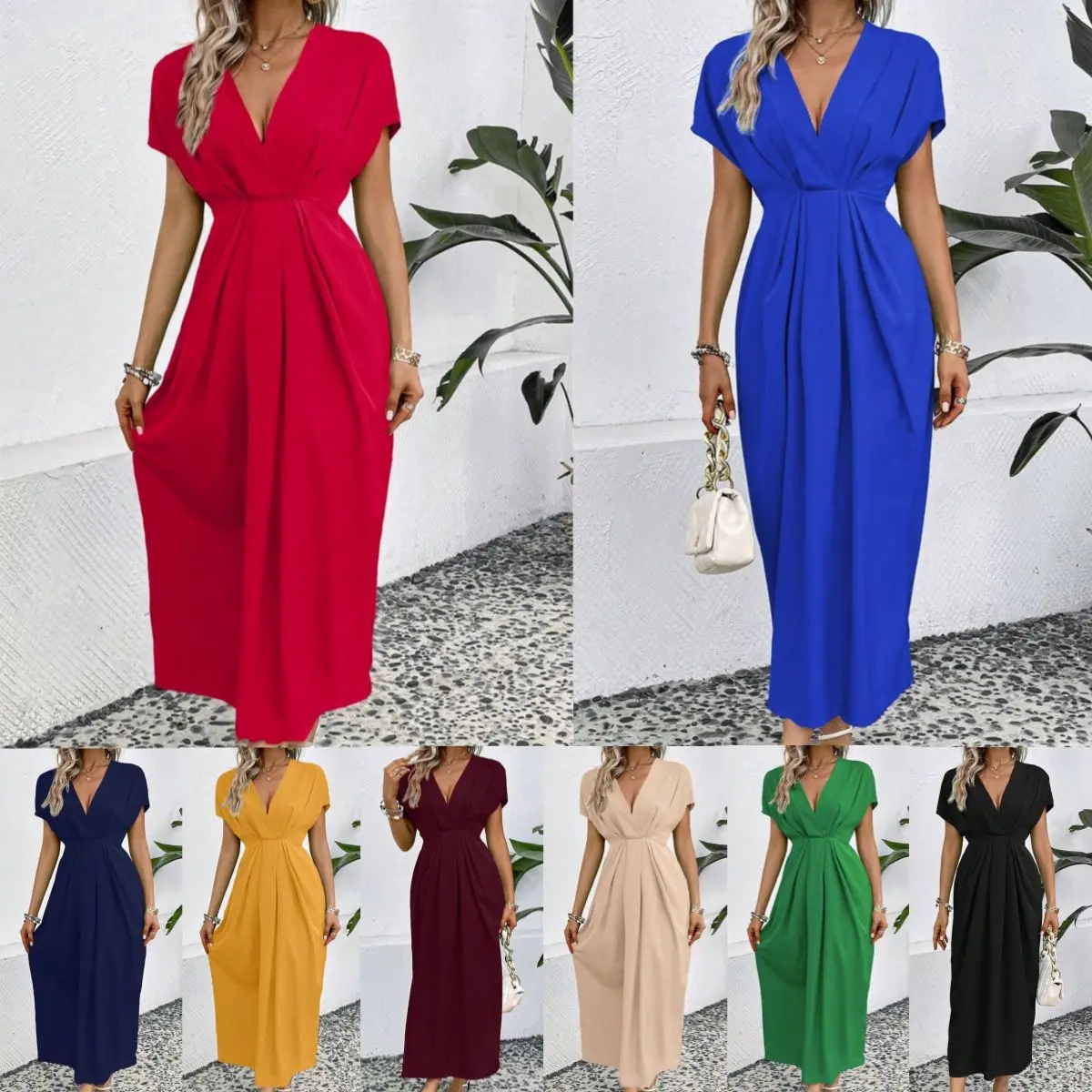 

New summer women's fashionable temperament, casual and elegant commuting solid color with shoulder sleeves and elastic dress