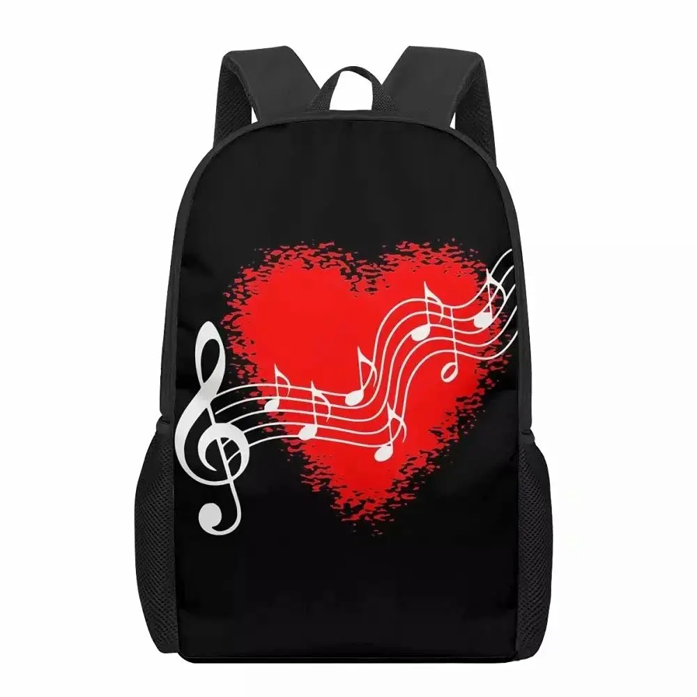 Mochila de impressão Red Heart Music Note, mochilas clássicas simples, mochila casual, mochilas escolares para adolescentes, homens e mulheres, moda infantil