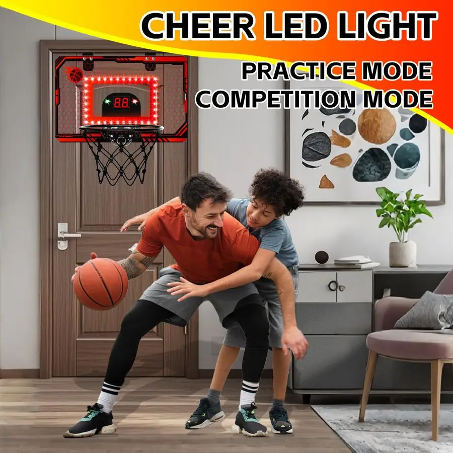 Basketball Hoop Indoor, Over The Door Basketball Hoops with Led Lighting, Mini Hoop with Electronic Scoreboard amp 3 Balls, Outd