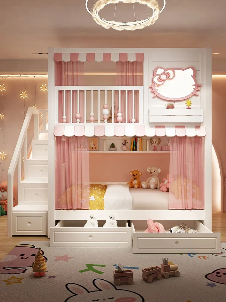 Solid wood bunk bed, double bed, children's , girl princess , solid wood high and low ,with a width of 1.5 meters