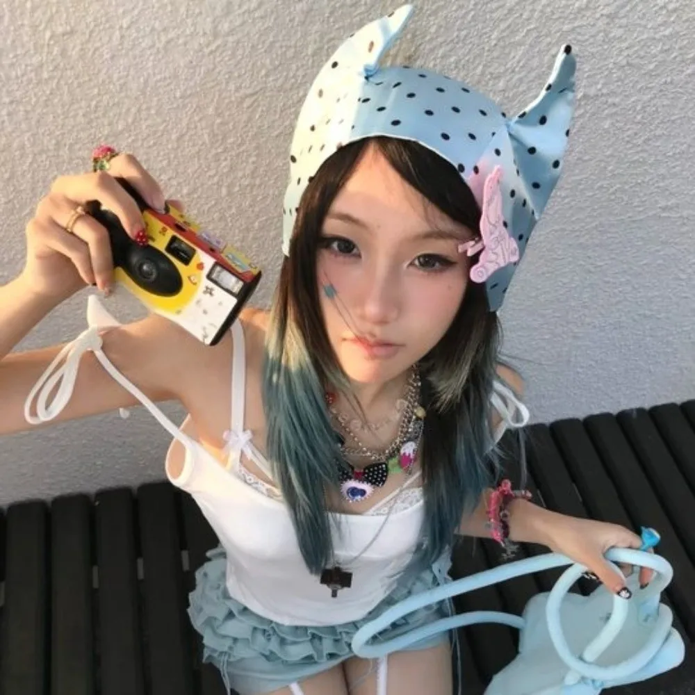 

Turban Accessories Y2K Little Demon Hair Scarf Soft Wrap Headband Hair Band with Ears Punk Sweet Polka Dot Headscarf Streetwear