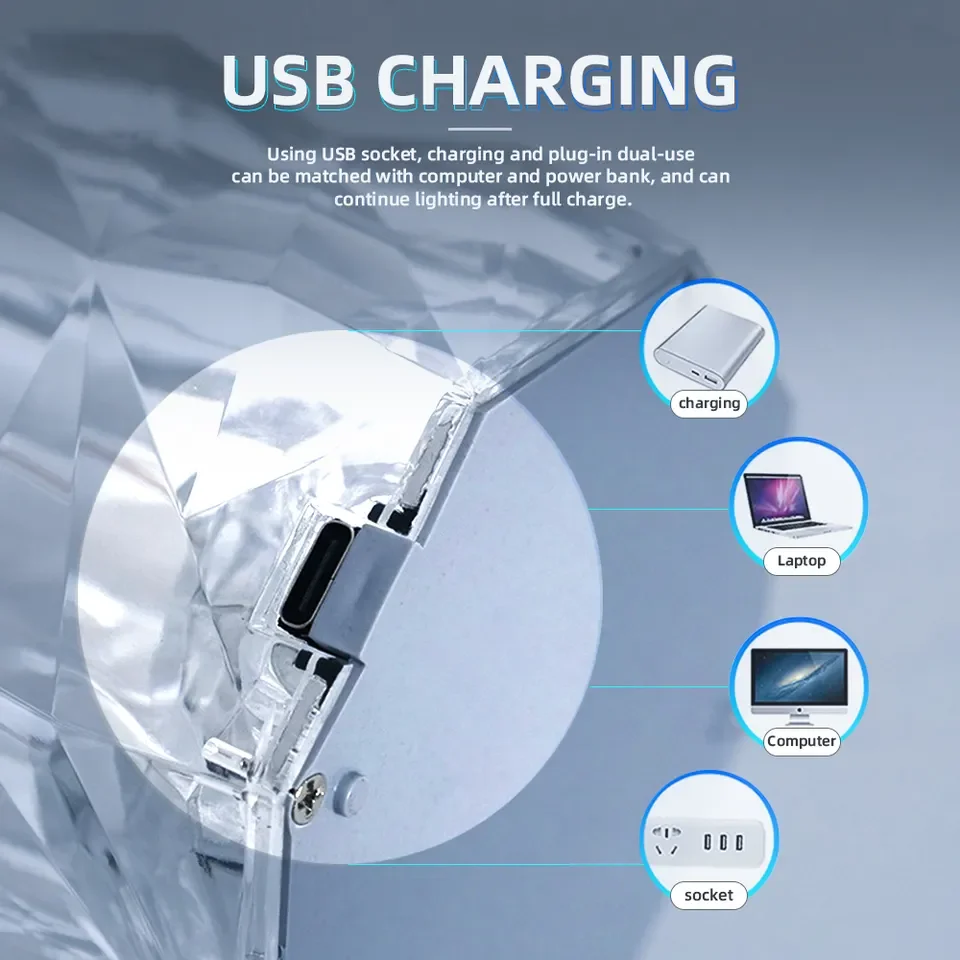 LED روز كريستال USB قابلة للشحن الجدول مصباح غرفة نوم اللمس ليلة ضوء عكس الضوء رومانسية الماس جو مصباح