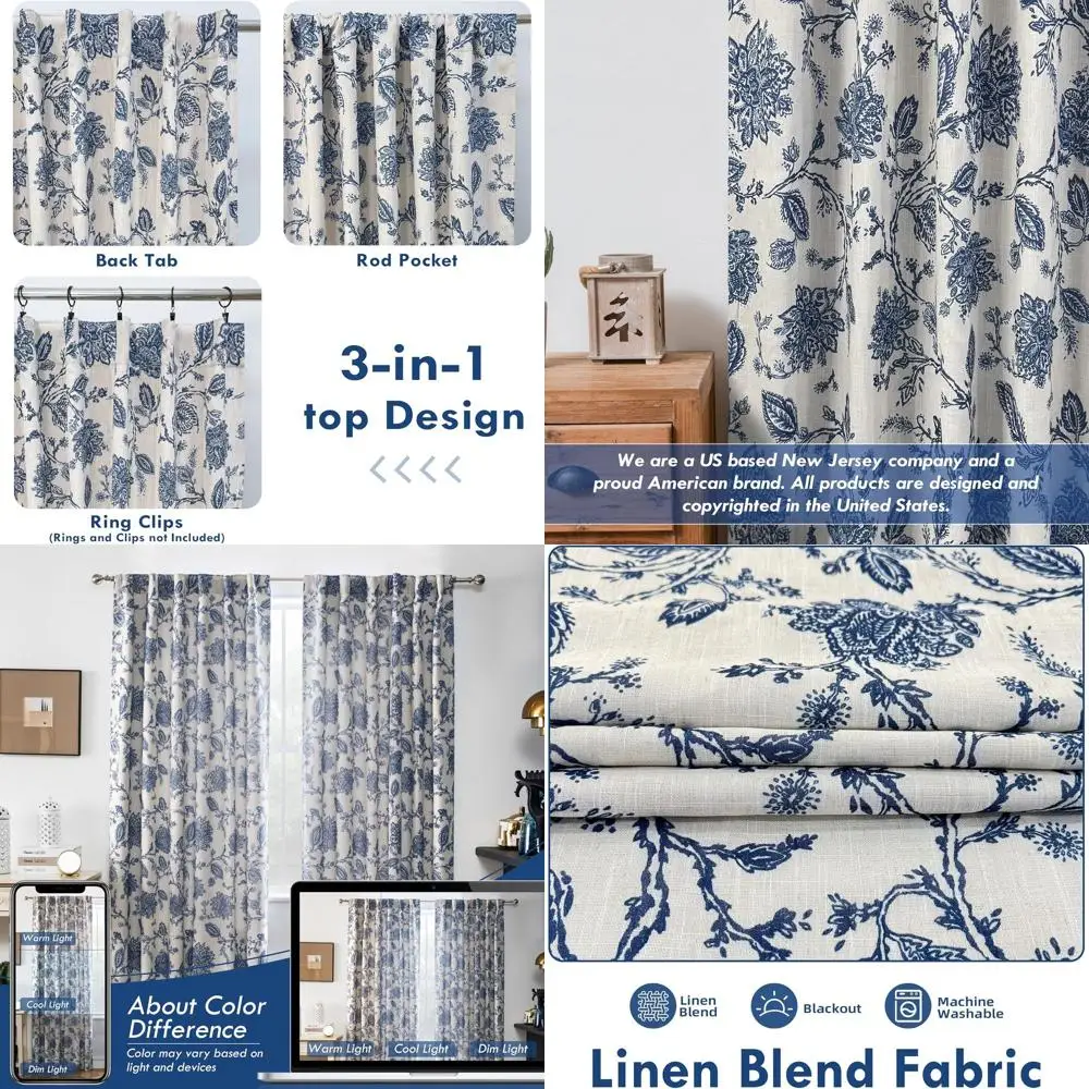 

Темно-синие шторы блэкаут с цветочным узором пейсли, 84 дюйма, на подкладке, с креплением на петлях, для гостиной и спальни