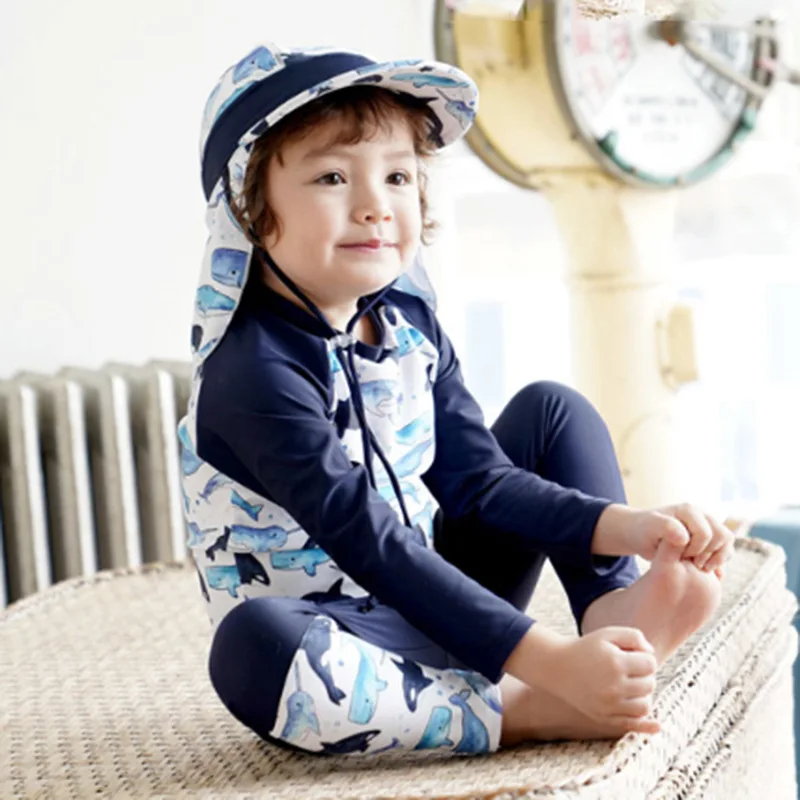 Boys Two-piece Swimsuit + Sun Hat Kids Cartoon Whale Print Sun-protective Long Sleeve Surfing Bathing Suit Baby Swimwear