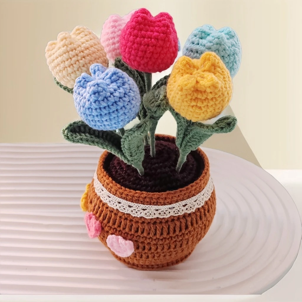 New Unique Crochet Flower Tulip Plant Potted Creative Desktop Knitting Handmade Woolen Yarn Finished Product Car Room Decoration