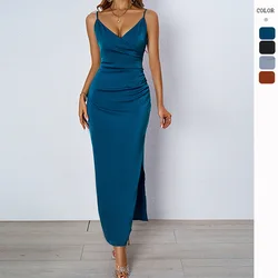 ICCLEK Maxi Dress In Navy Long Satin Evening Dress Bridesmaid Wedding Party Sexy Dress Women's Summer Bodycon Maxi Dress