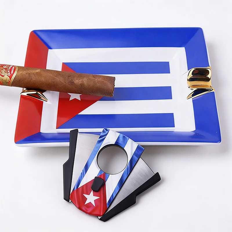 Cigar Set with Cuban Flag, Stainless Steel Cigar Cutter, Gold-Plated Cigar Ashtray, Cigar Accessories, Premium Gift view 3