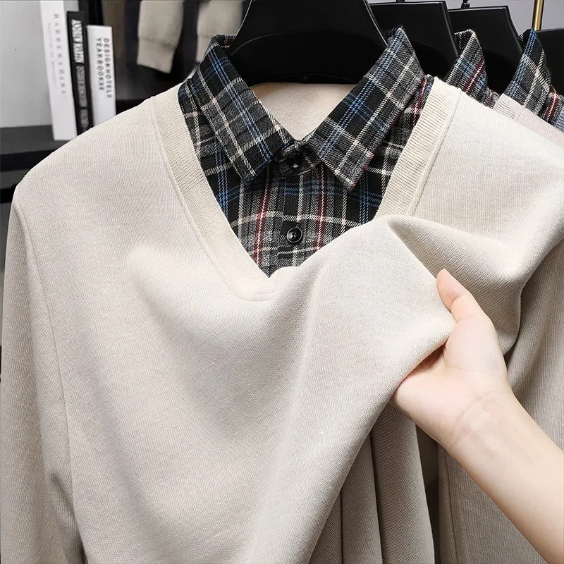 

Осенне-зимний мужской свитшот большого размера, свободный, тонкий, с отложным воротником, имитация двухслойности, в клетку, повседневный, вязаный.