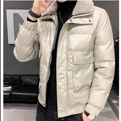 Algodão-acolchoado jaqueta masculina inverno newthick curto parkas casual streetwear casaco sólido quente moda turndown outwear masculino jaquetas