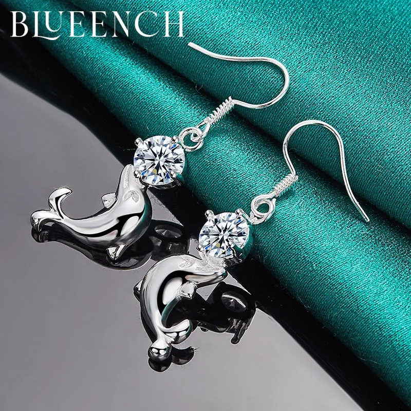 Blueench 925 Sterling Silver Zircon Dolphin Earrings for Women Engagement Wedding party Fashion Charm Jewelry