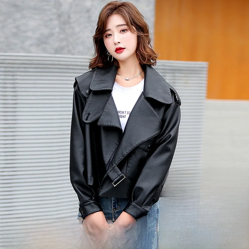แจ็คเก็ตหนังแท้ Jiang ung Haining สำหรับผู้หญิง สไตล์ลำลอง ใส่ได้ทั้งฤดูใบไม้ผลิและฤดูใบไม้ร่วง ทรงหลวม สไตล์นักขี่มอเตอร์ไซค์ แจ็คเก็ตหนังแท้ ไซส์เล็ก เสื้อคลุมตัวนอก