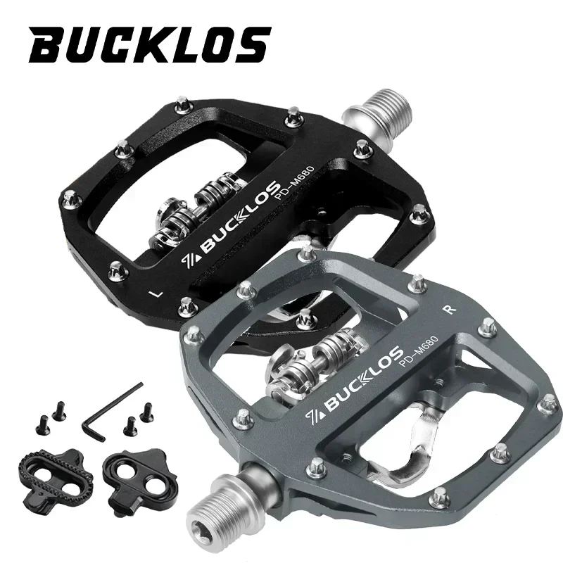 BUCKLOS PD-M680 Mountainbike-Pedale, Klickpedale, selbstsichernde MTB-Pedale für SPD-System, abgedichtetes Lager, Dual-Klick- und Flachpedale, Aluminiumlegierung, 9/16"-Pedale für Shimano