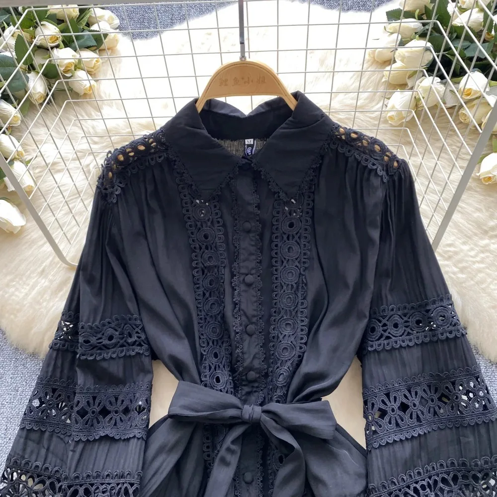 Abito estivo elegante con maniche a lanterna PATCHWORK in pizzo ritagliato retrò a-line abiti da donna per le vacanze con ricamo