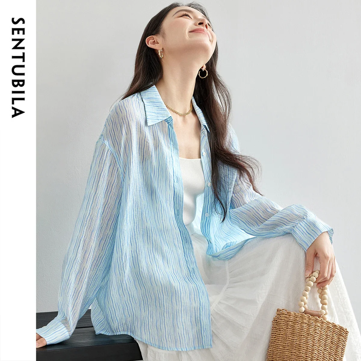 

SENTUBILA Long Sleeve Blue Shirt For Women 2026 Spring Sunscreen Breathable Striped Loose Sunshade Beach Tops Ladies 151C58263