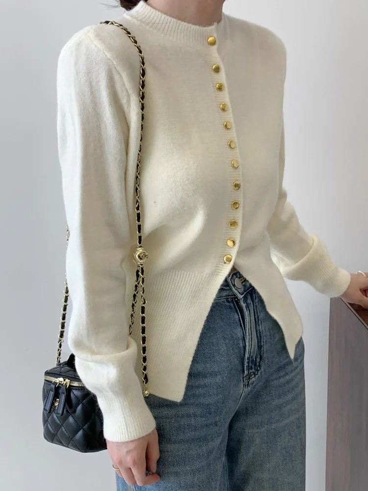 

Осенний новый вязаный открытый кардиган на одной пуговице, женский корейский кардиган с высокой талией, затянутый круглый модный топ