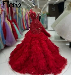 Dubai Red Tiered Ruffles Tulle Evening Dress Crystals Ruched Prom Dresses Saudi Arabic Women Formal Wedding Party Dresses 2024