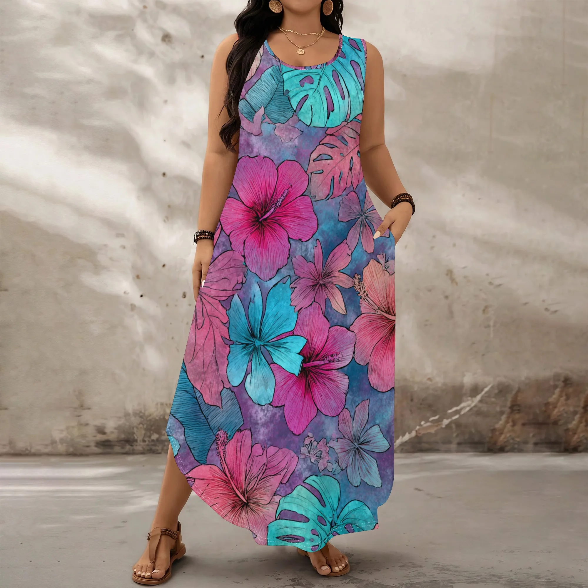 

Plus Size Women's Tropical Floral Maxi Dress Casual Sleeveless Beach Sundress with Pockets XL-6XL