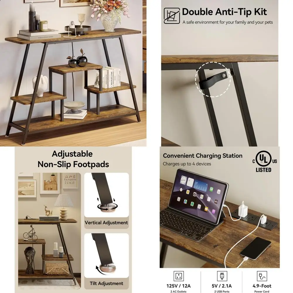 

Industrial Style 4-Tier Console Table with Power Outlets, Narrow Entryway Storage Table, Small Sofa Table Behind Couch for Compa