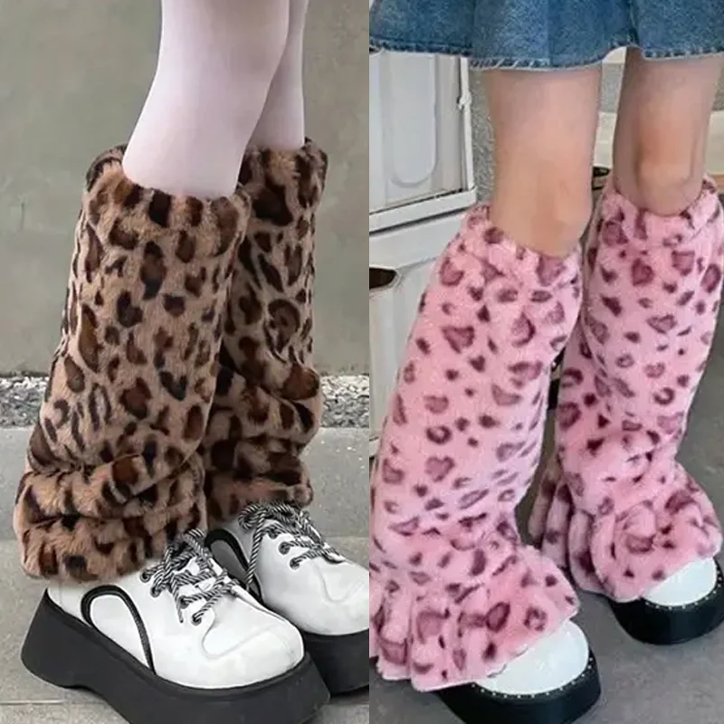 

Retro Leopard Leg Cover Faux Fur Leg Warmers for Women Thickened Y2K Long Tube Stockings Warm Knee High Plush Boots Cover