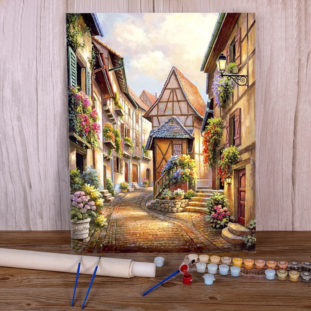 Landscape Town Street Paint By Numbers Package Acrylic Paints 50*70 Canvas Pictures Wall Paintings For Kids Handiwork Wholesale